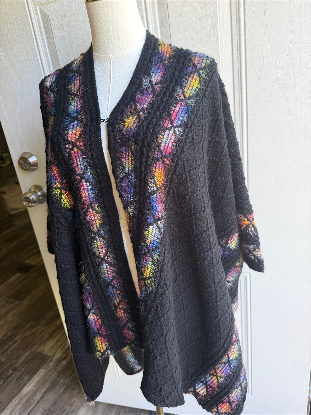 Fairycore Whimsigoth Black Open-Front Women's Knit boho rainbow Poncho - Picture 4 of 8